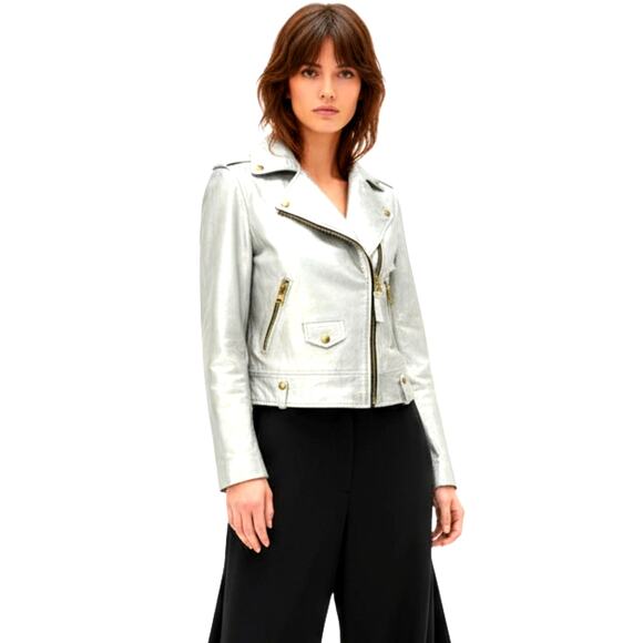 Mackage Silver Lambskin Leather Motorcycle Jacket, Womens, Size XS - Picture 4 of 10